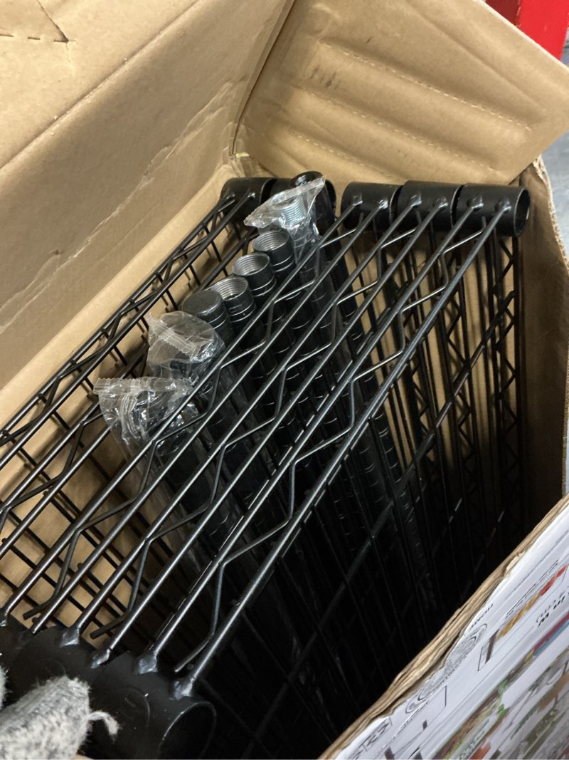 Condition photo showing As Is for hyper tough 5-tier wire storage shelves, 36" w x 16" d x 72" h, 1750 lb load capacity, black