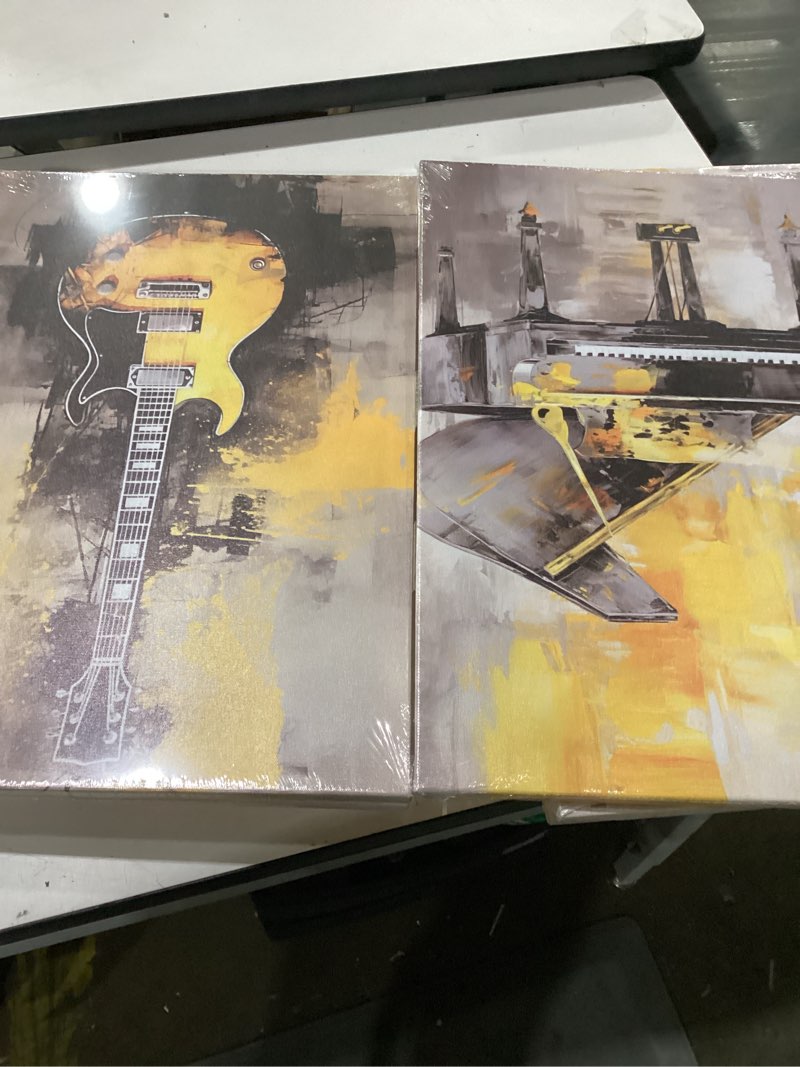 Condition photo showing New/Like New for qixiang music canvas wall art - 3pc black & gold guitar, piano & drum set prints for home decor (16.00" x 24.00", framed) 16.00" x 24.00" x3pcs b