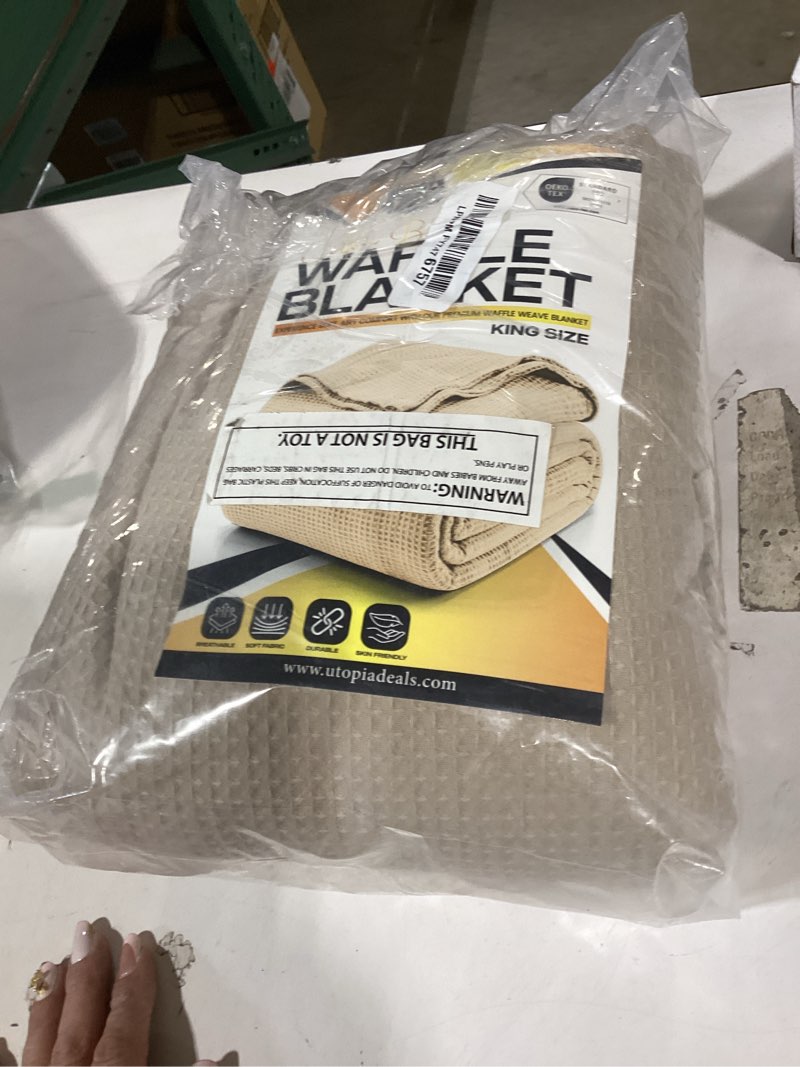 Condition photo showing New/Like New for utopia bedding khaki waffle blanket king size soft lightweight breathable cotton blend bed blanket for all seasons luxury throws for bed couch and sofa king khaki 1
