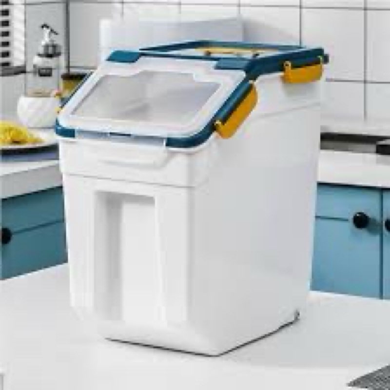 large flour storage container bin 25lb, 2pack airtight rice storage containers with wheels seal locking lid, bpa free with measuring cup&scoop for flour, rice, grain(blue)