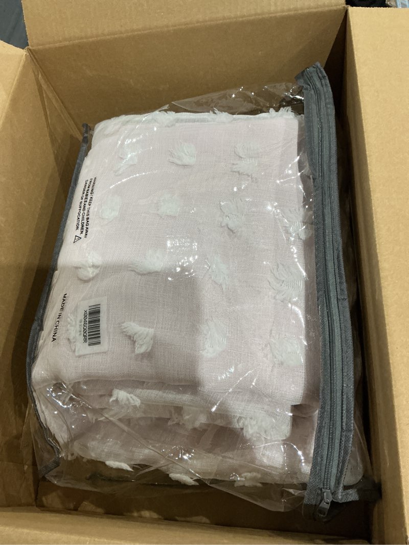 Condition photo showing Good Condition for lino rosa pink blackout curtains for bedroom nursery 2 panels,sheer white overlay pom pom floral ruffle cute coquette aesthetic room decor for baby girl teen 50"w x 84"l (pack of 2) pink and white