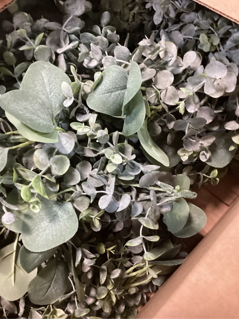 Condition photo showing As Is for 8.3' long faux eucalyptus greenery garland - silver dollar eucalyptus for wedding arch, swag, backdrop, doorways, mantel, table runner - indoor/outdoor