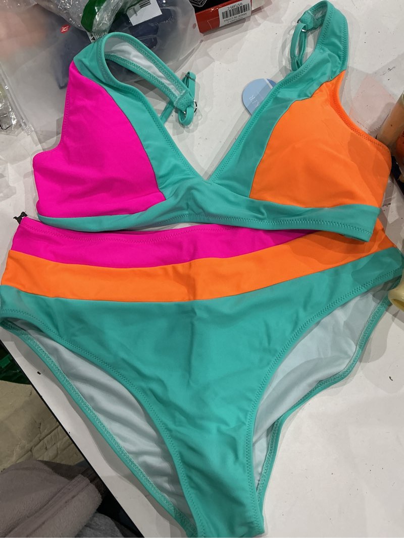 Condition photo showing Good Condition for hilinker women's leopard bikini swimsuits v neck high waisted 2 piece bathing suits small green pink orange b