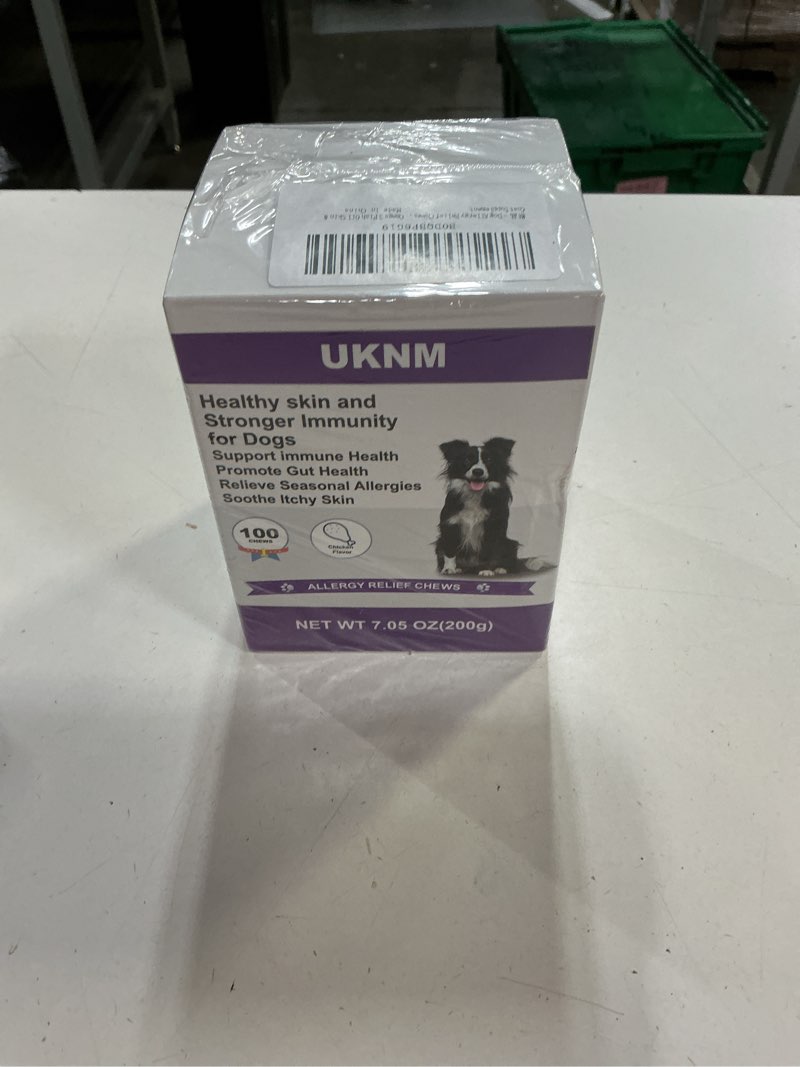 Condition photo showing New/Like New for ( unknown best by date) allergy relief chews for dogs - omega 3 skin & coat supplement with colostrum & probiotics - itch relief for dogs, dry skin, paw licking, seasonal allergies,chicken flavor,100 large chews