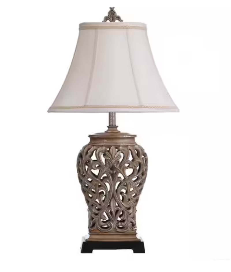 StyleCraft 33 .3 in. Tan, Silver Table Lamp with Cream/Off-White Fabric Shade