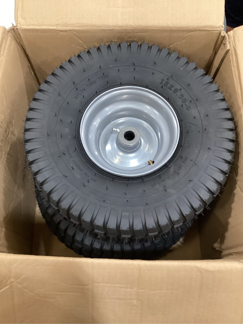 Condition photo showing Good Condition for 15x6.00-6nhs lawn mower front tire 4 ply 15x6x6 lawn mower 570 lbs tire and wheel with 3/4" iron bushing and 12 spacers, replacement for garden lawn tractor riding lawn mowers, 2 pack 15x6.00-6 - 2p ( with tube) silver