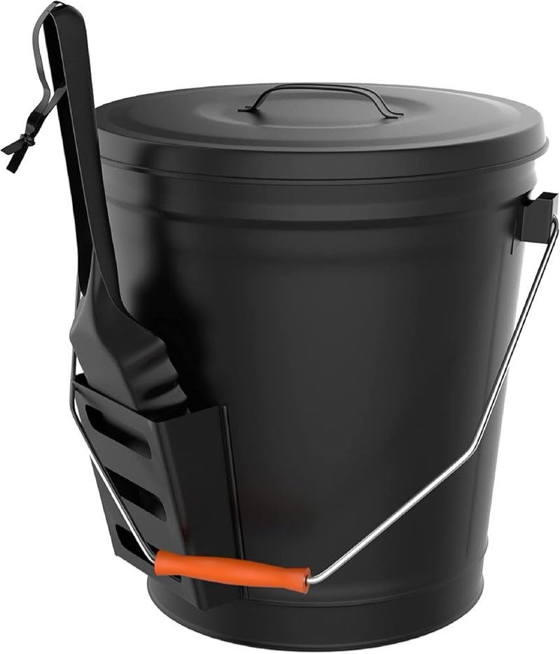 Ash Bucket - 4.75-Gallon Metal Bucket with Lid and Shovel for Fireplace or Firepit Ashes - Heat Resi