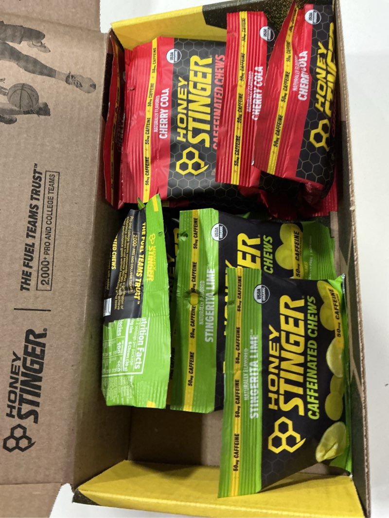 Condition photo showing New/Like New for ((Best Before/02/2027))Honey Stinger Organic Caffeinated Energy Chew Variety Pack, 6 Packs Each of Cherry Cola & Stingerita Lime, Gluten Free, for Exercise, Endurance & Performance, Sports Nutrition for Home & Gym Caffeinated Chew Variety Pack 1.8 Ounce (Pack of 12)