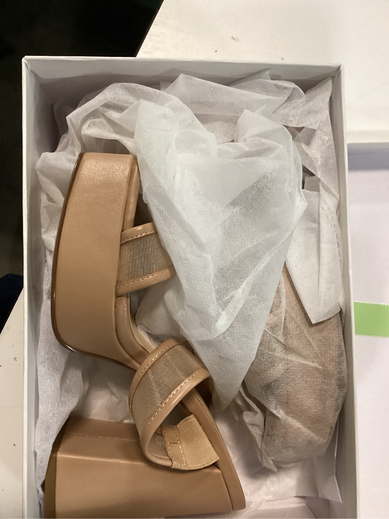 Condition photo showing Good Condition for modatope platform heels for women square open toe chunky heel platform sandals two strap slip on heels wedding party dress shoes 7.5 nude mesh