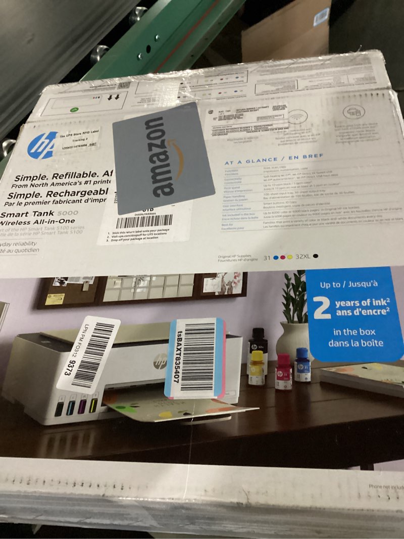 Condition photo showing New/Like New for HP Smart Tank 5000 Wireless All-in-One Ink Tank Printer, Scanner, Copier with 2 Years of Ink Included, Best-for-Home, Cartridge-Free, Refillable, AI-Enabled, an EcoTank Alternative (5D1B6A)