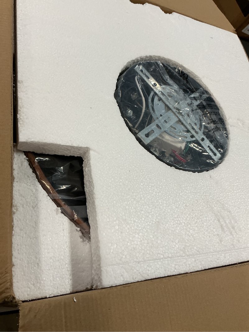 Condition photo showing As Is for LEDIARY Caged Ceiling Fans with Lights, Farmhouse Flush Mount Ceiling Fan with Remote, Black&Walnut Low Profile Ceiling Fan Light Fixture for Bedroom, Kitchen, Dining Room. Walnut Medium