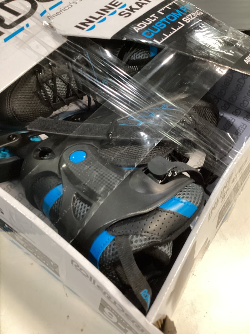 Condition photo showing Good Condition for roller derby custom adult in-fit skates - blue/black 9-12: adjustable, padded boot shaft