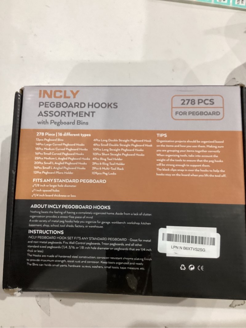 Condition photo showing New/Like New for INCLY 278PCS Pegboard Accessories Organizer Kit, Peg Board Hooks Assortment with Bins for Organizing Various Tools, Fit 1/8 or 1/4 inch Pegboard for Hanging Storage, Garage Wall Attachments 278 PCS