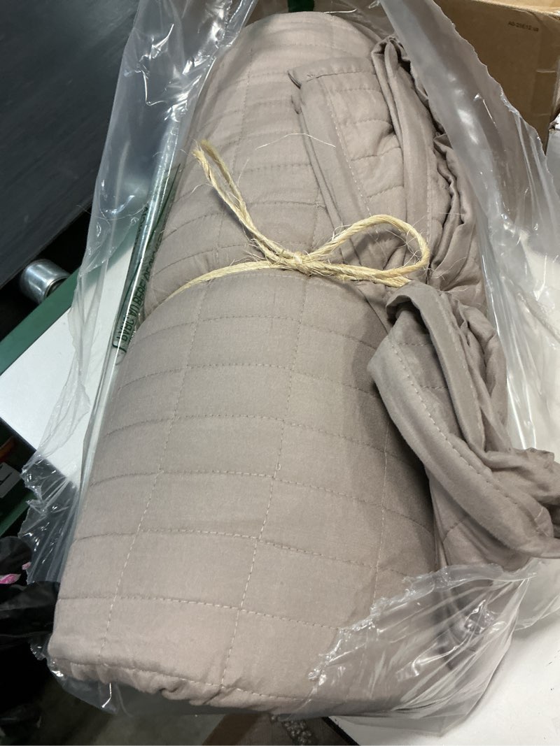 Condition photo showing Good Condition for comfort spaces kienna quilt set- double sided stitching design summer blanket, lightweight, soft, all season bedding layer, matching sham, taupe, coverlet full/queen(90"x90") 3 piece taupe quilt full/queen(90"x90") plaid