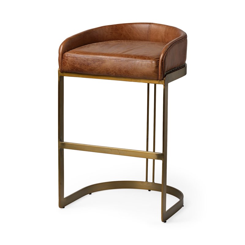 Hollyfield Stylish Low-Back Club Stool with Cream Upholstery and Unique Gold Metal Frame Design - Brown Leather | Gold Metal | Bar