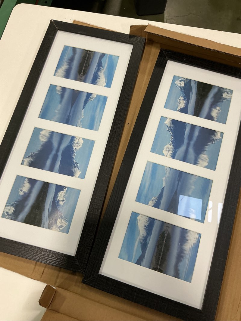 Condition photo showing Good Condition for 8x20 Picture Frame Set of 2, Rustic Black Wood Frame with Tempered Glass Collage Frame, Display Pictures Four 4x6 With Mat or 8 x 20 Without Mat - Horizontal or Vertical Wall Mounting 8x20 in matted to 4-4x6 Rustic Black
