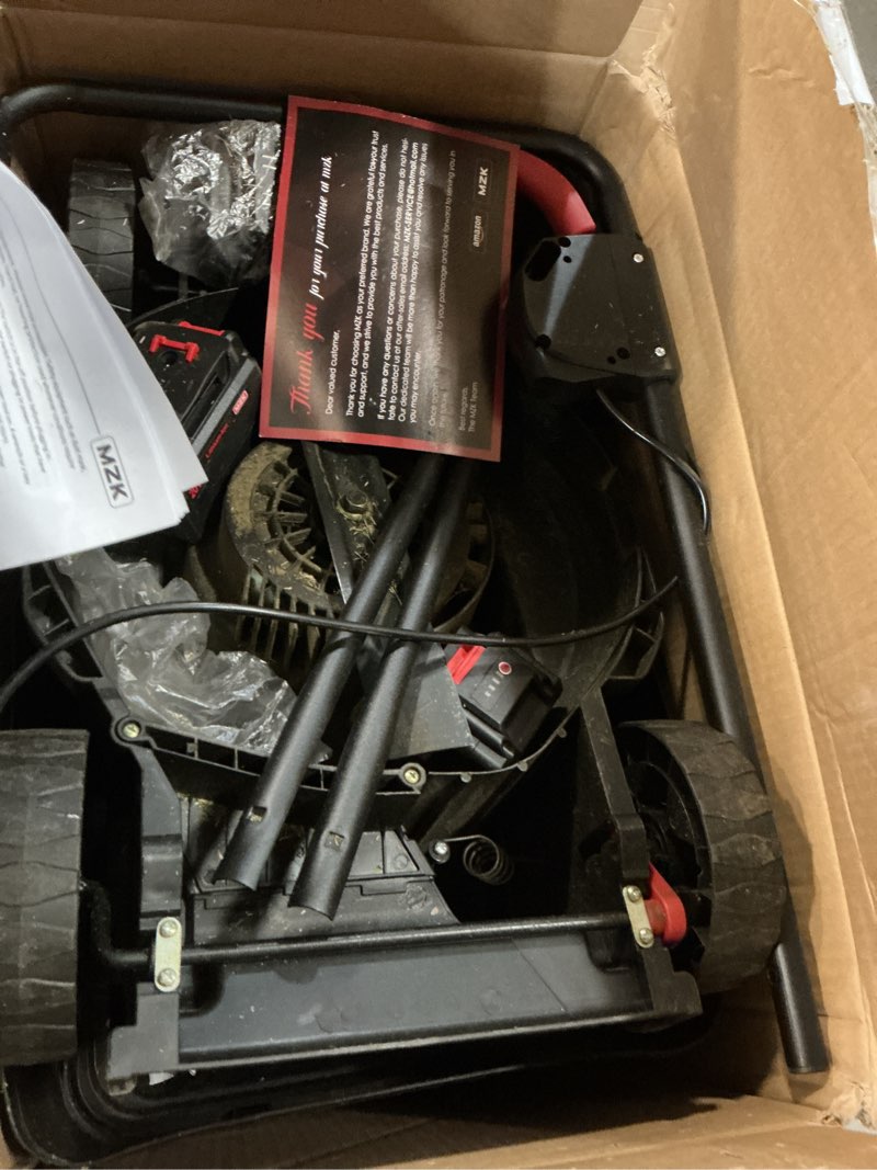 Condition photo showing As Is for mzk 20v 13" electric lawn mower, brushless cordless lawn mower with 4-position height adjustment, walk-behind push mowers with 8 gallon grass bag, 2 x 4.0ah batteries & charger included, lm13b8 red