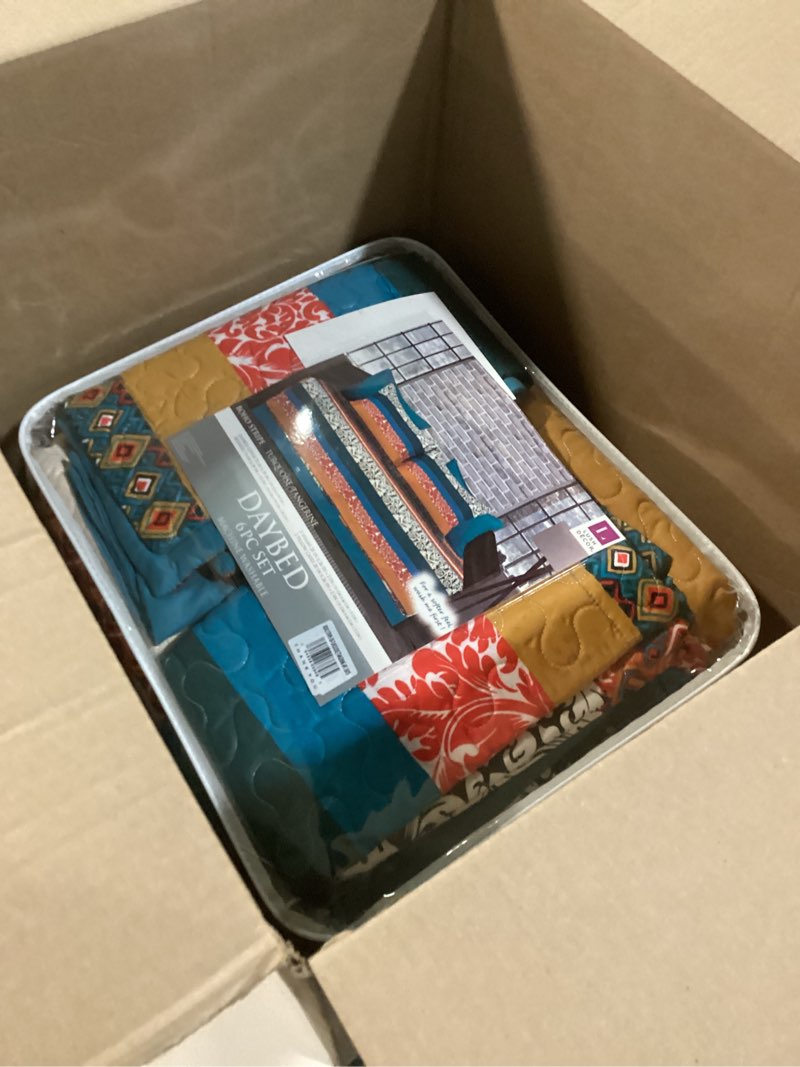 Condition photo showing New/Like New for Lush Decor Boho Stripe Quilted 3 Piece Cover Set, Daybed, Turquoise & Tangerine Turquoise & Tangerine Daybed Daybed
