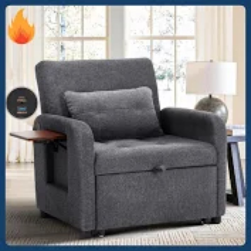 convertible sleeper chair-fabric futon sofa bed, single sleeper sofa, small couch bed with usb port,