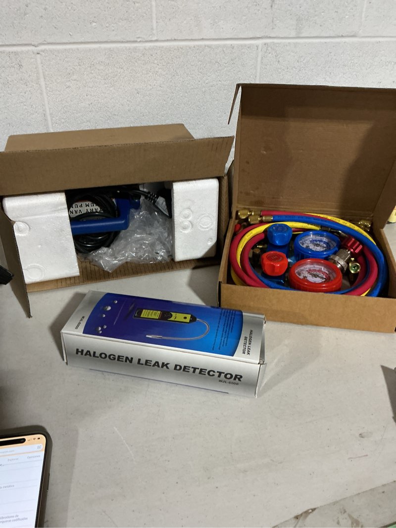 Condition photo showing As Is for vivohome 110v 1/3 hp 4cfm single stage rotary vane air vacuum pump and r134a ac manifold gauge set kit with leak detector carry bag for hvac air conditioning refrigeration recharging etl listed blue 4cfm