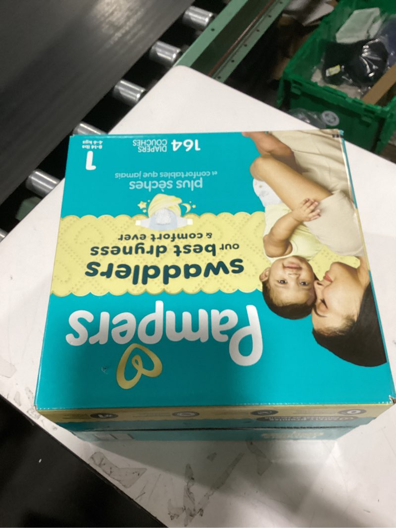 Condition photo showing New/Like New for pampers swaddlers diapers, size 1 (8-14 lbs), 164 count, absorbent, keeps baby dry and comfortable, skin safe disposable baby diaper size 1 164