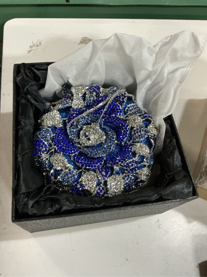 Condition photo showing New/Like New for boutique de fgg mini round flower crystal clutch purses for women,formal evening bags,rose wedding clutch bag party handbags blue small