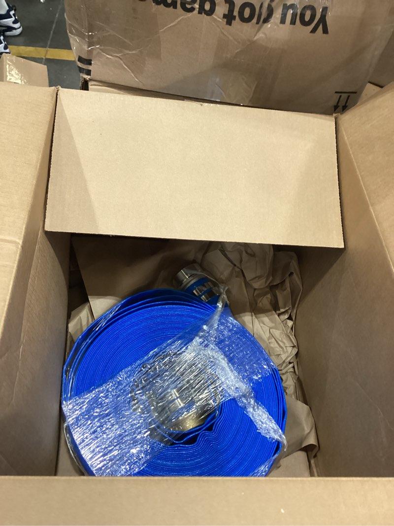 Condition photo showing As Is for 2" x 100 ft backwash hose for swimming pools, heavy duty pvc lay flat water discharge hose,durable pool drain hose with aluminum pin lug fittings for pump and filters 2 in x 100 ft