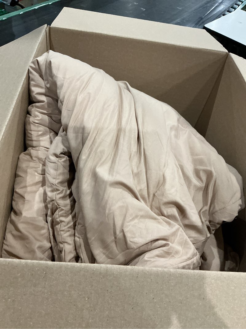 Condition photo showing As Is for cozylux king size comforter set khaki, 7 pieces pintuck bed in a bag, all season comforter king size, bed set gift for family, pinch pleat bedding set with comforter, sheets, pillowcases & shams khaki king
