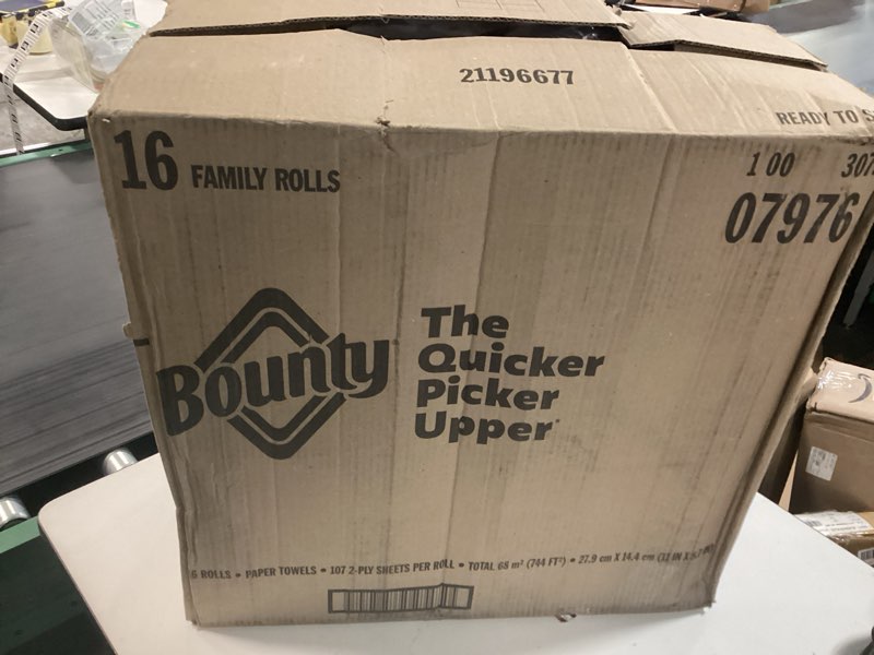 Condition photo showing New/Like New for bounty paper towels quick size, white, 16 family rolls = 40 regular rolls family 16 rolls (107 sheets each)