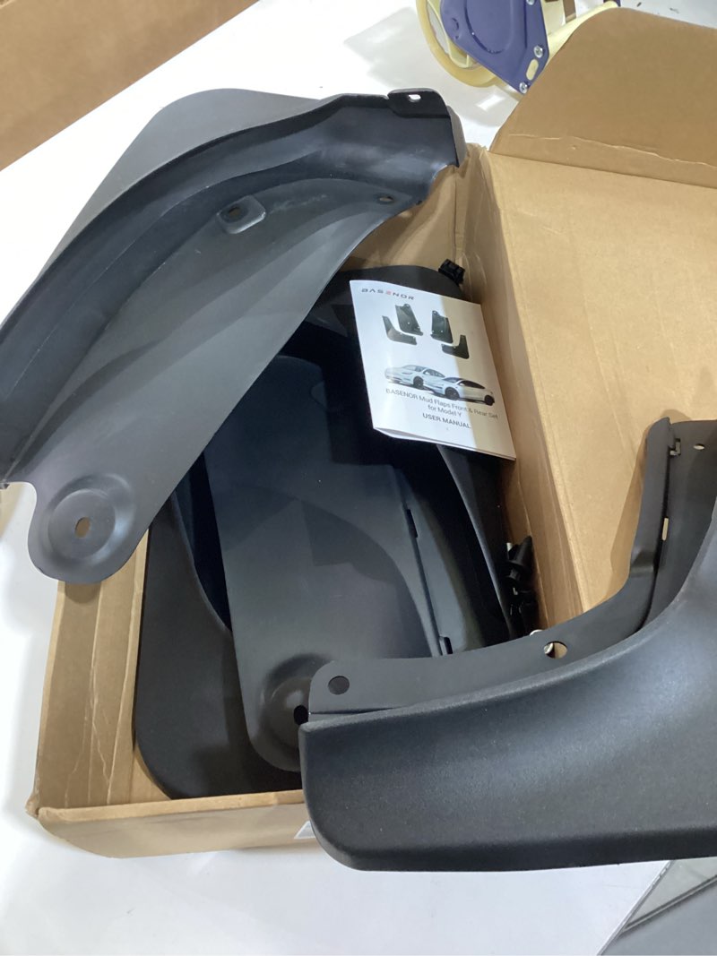 Condition photo showing As Is for basenor 2024-2020 tesla model y mud flaps splash guards vehicle sediment protection no drilling no tape mudflaps tire protector mudflaps all weather tesla exterior accessories (set of 4) 2020-2024 model y