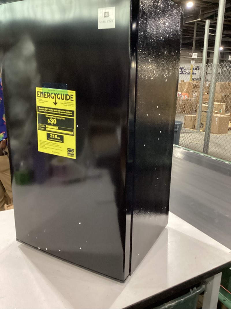 Condition photo showing Good Condition for **untested** arctic chef mini refrigerator-freezer compartment-adjustable thermostat control-reversible doors-ideal for dorm, office, rv, garage, apartment-black, 3.2 cu.ft
