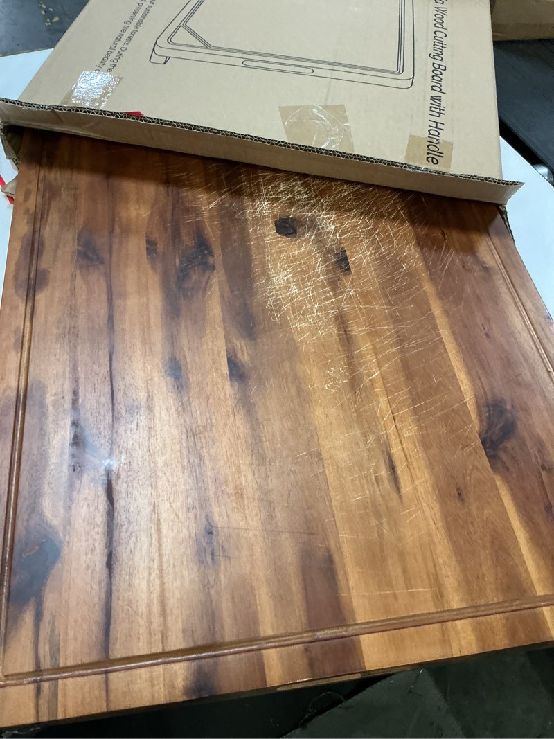 Condition photo showing As Is for Acacia Wood Cutting Board and Chopping Board with Handle for Meat, Cheese Board, Vegetables, Bread, and Charcuterie Board - Wooden Serving Board for Kitchen, Dining Room (24" x 18") 24"L x 18"W