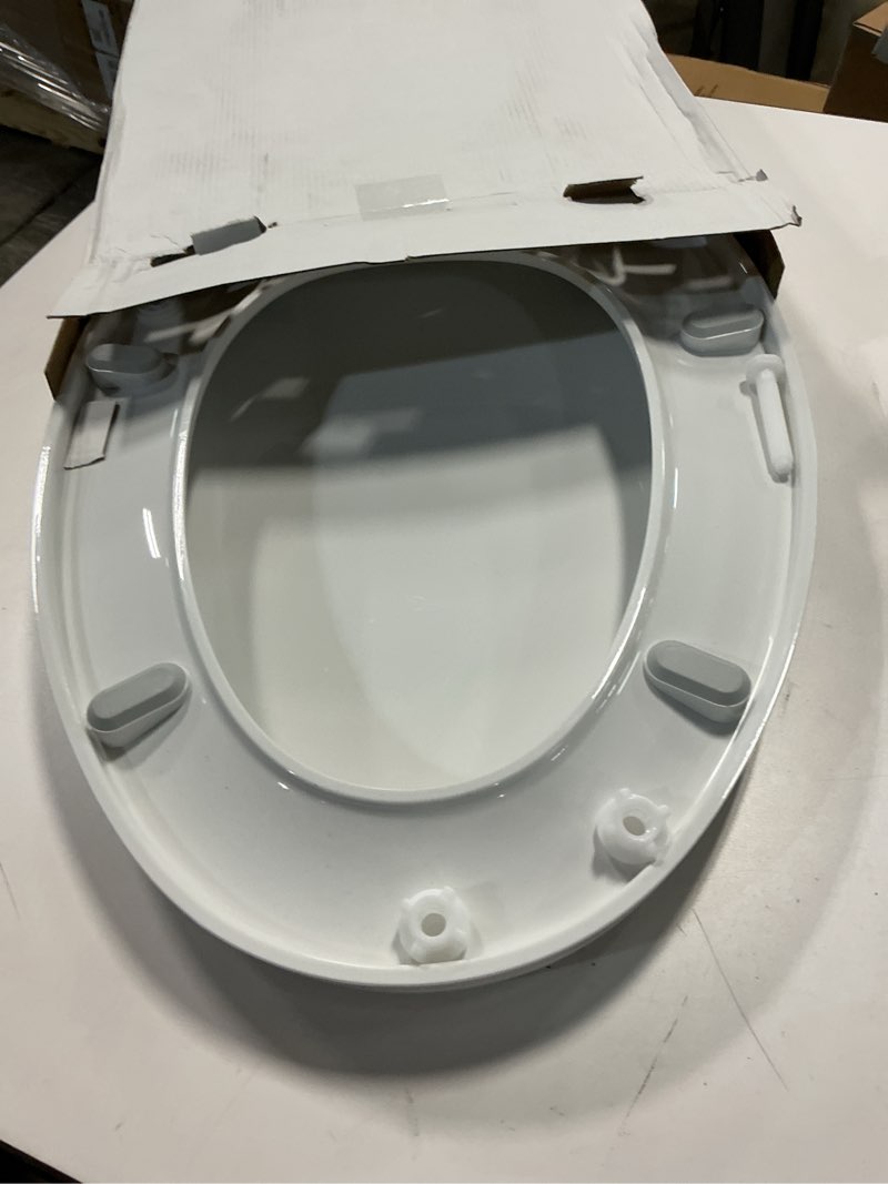 Condition photo showing As Is for elongated toilet seat, 18.5” soft/slow close oval (oblong) toilet seat for elongated toilets, no-slam quiet-close lid, easy-to-install & clean, durable never-loosen white plastic seat white elongated(oval)