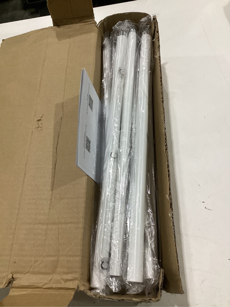 Condition photo showing As Is for **missing wall anchors**white double curtain rod, wrap around blackout dual curtain rods for windows 48 to 84 inch, adjustable heavy duty curved spliced room darkening double rods, all metal, aluminium bracket white 36\"-88\"