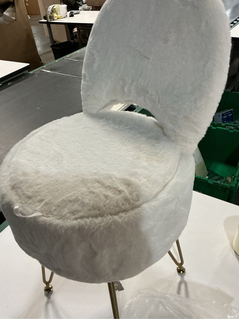 Condition photo showing As Is for GREENSTELL Small Vanity Stool Chair with Storage and Folding Back, 13" x 13" x 17.7" Faux Fur Soft Ottoman for Teenager, 4 Metal Legs with Anti-Slip Feet, Furry Padded Seat for Makeup, Bedroom, White