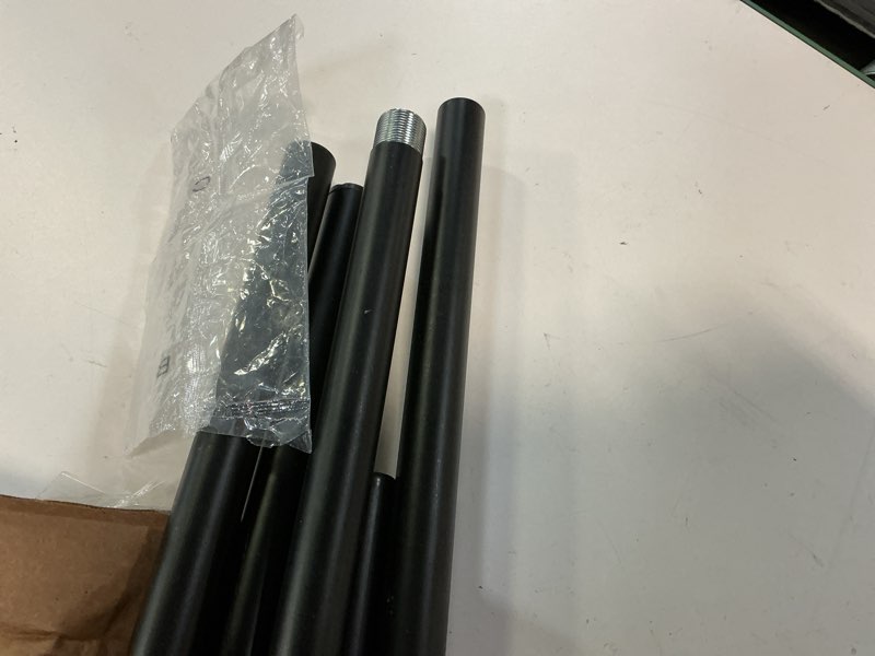 Condition photo showing As Is for black double corner window curtain rods with aluminum end cap finials and brackets,1 inch diameter dual bay window curtain rods, adjustable 2 sided 20-36" and 36-72" center double rod 20-36" side rods & 36-72" center rod black