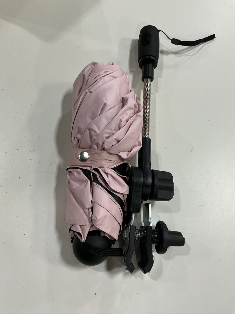 Condition photo showing As Is for stroller sunshade clip-on adjustable universal, adjustable steering angle, reinforced umbrella frame, compact and lightweight, suitable for all kinds of strollers(pink)