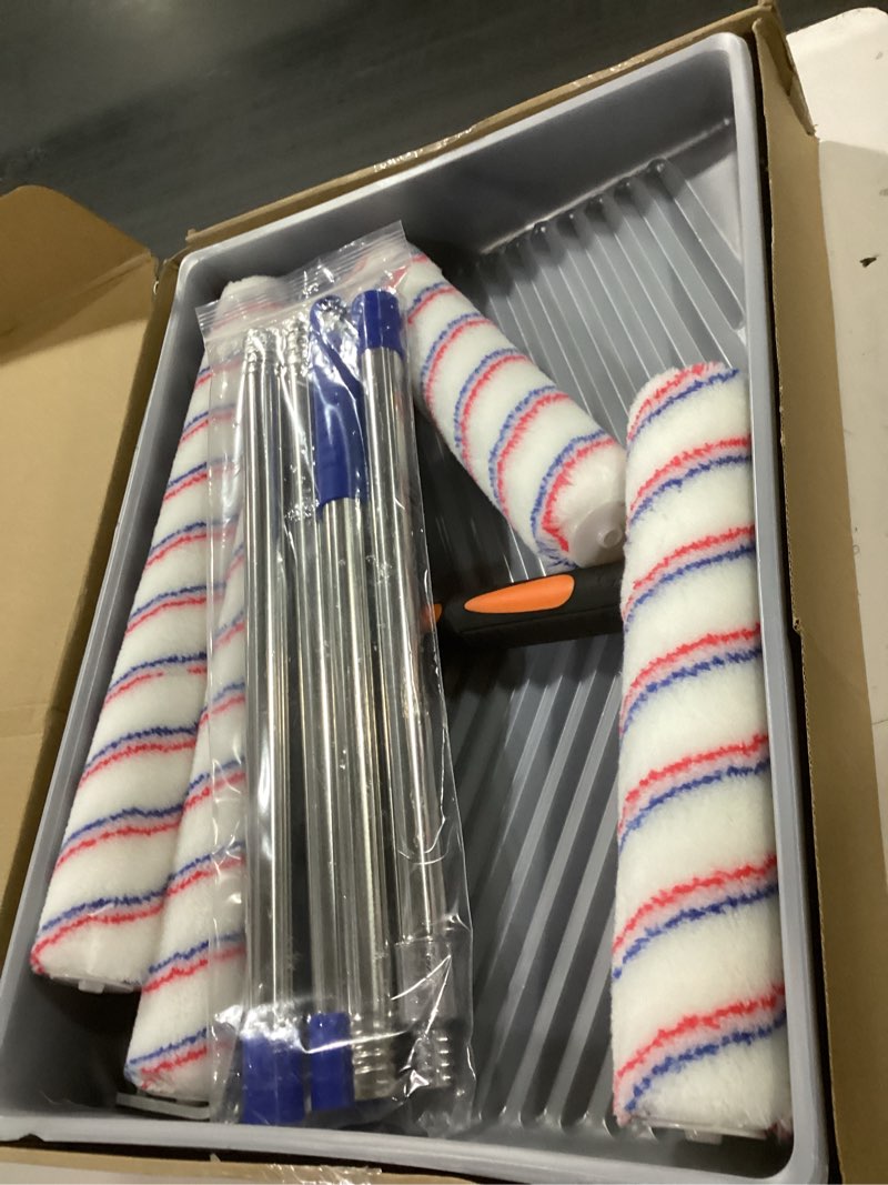 Condition photo showing Good Condition for Paint Roller Kit with Extension Pole Adjustable Frame 12 Inch 18 Inch Microfiber Covers, Extra-Large Stain Roller Brush Tray Liner Set for Walls Ceilings Interior Exterior Painting