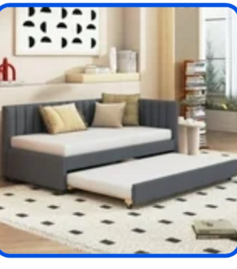 incomplete box 1 of 2 only) Linen Fabric Upholstered Daybed with Trundle ,Classic Twin Size Sofa Bed Frame with Wooden Slats ,No Box Spring,Adults Modular Sleeper Couch for Bedroom,Gray