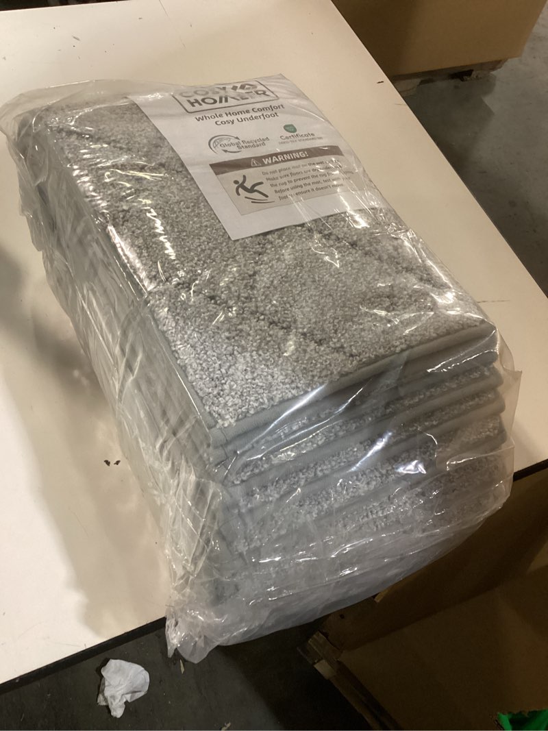 Condition photo showing New/Like New for (similar not the same):stair treads for wooden steps indoor, 15 pack 8\" x 30\" non slip carpet stair treads with reusable adhesive for kids elders and dogs, surface polyester tpr backing stair runner rugs, dark grey 8*30inch dark grey 15