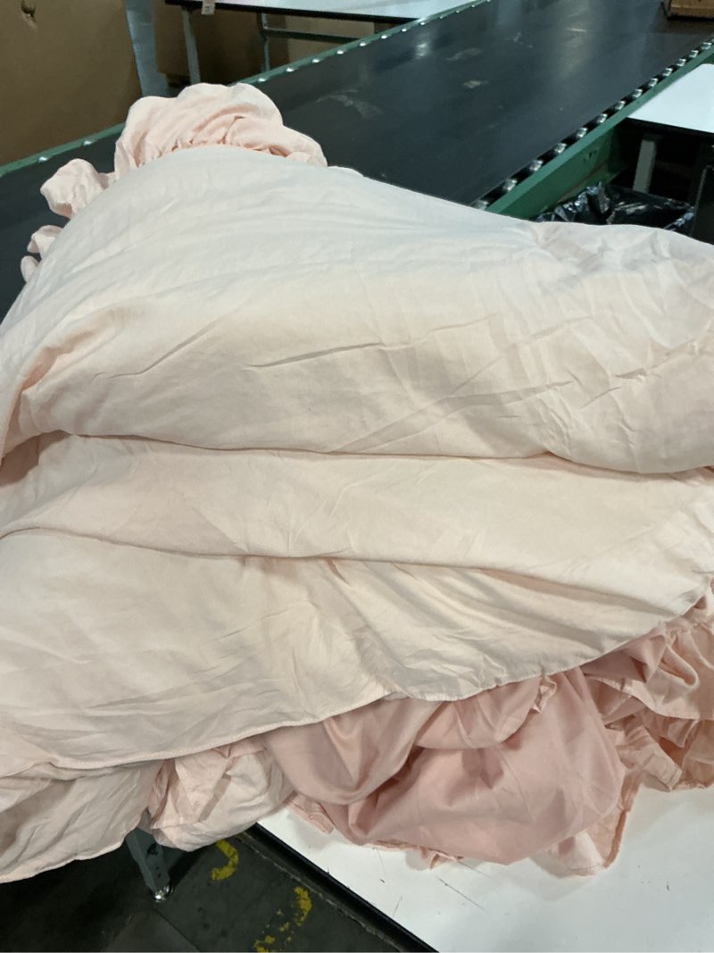 Condition photo showing As Is for jollyvogue pink comforter full size, 3 pieces seersucker lightweight full size bedding, all season fluffy microfiber bedding comforter set with 1 ruffle comforter and 2 ruffle pillowshams full pink