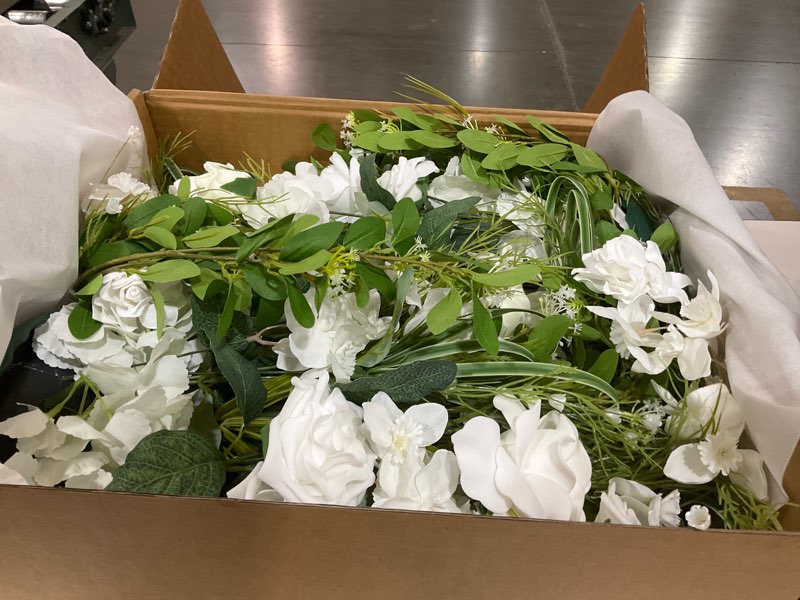 Condition photo showing As Is for Ling's moment 41.0\" Tall Free-Standing Wedding Aisle Artificial Flowers for Ceremony Decor, 2PCS White Walkway Floral Chair Markers, Faux Rose Altar Arch Arrangement Spring Decorations Outdoor Wht-white & Lily & Olive 41\" Tall x 22\" Cross