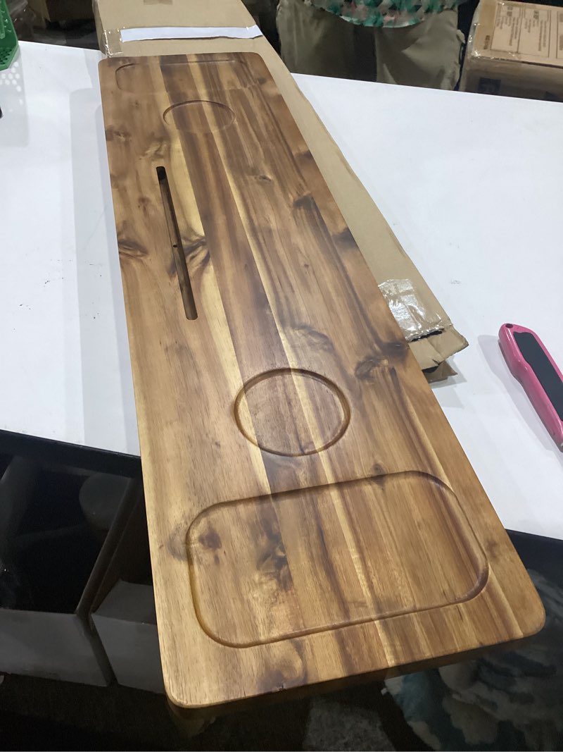 Condition photo showing New/Like New for bathtub tray, acacia bath tray for tub, 34.6''x9'' wooden bathtub caddy tray with adjustable legs fit various bathtubs, anti-tipping, sustainable bath table with wine glass and tablet holder