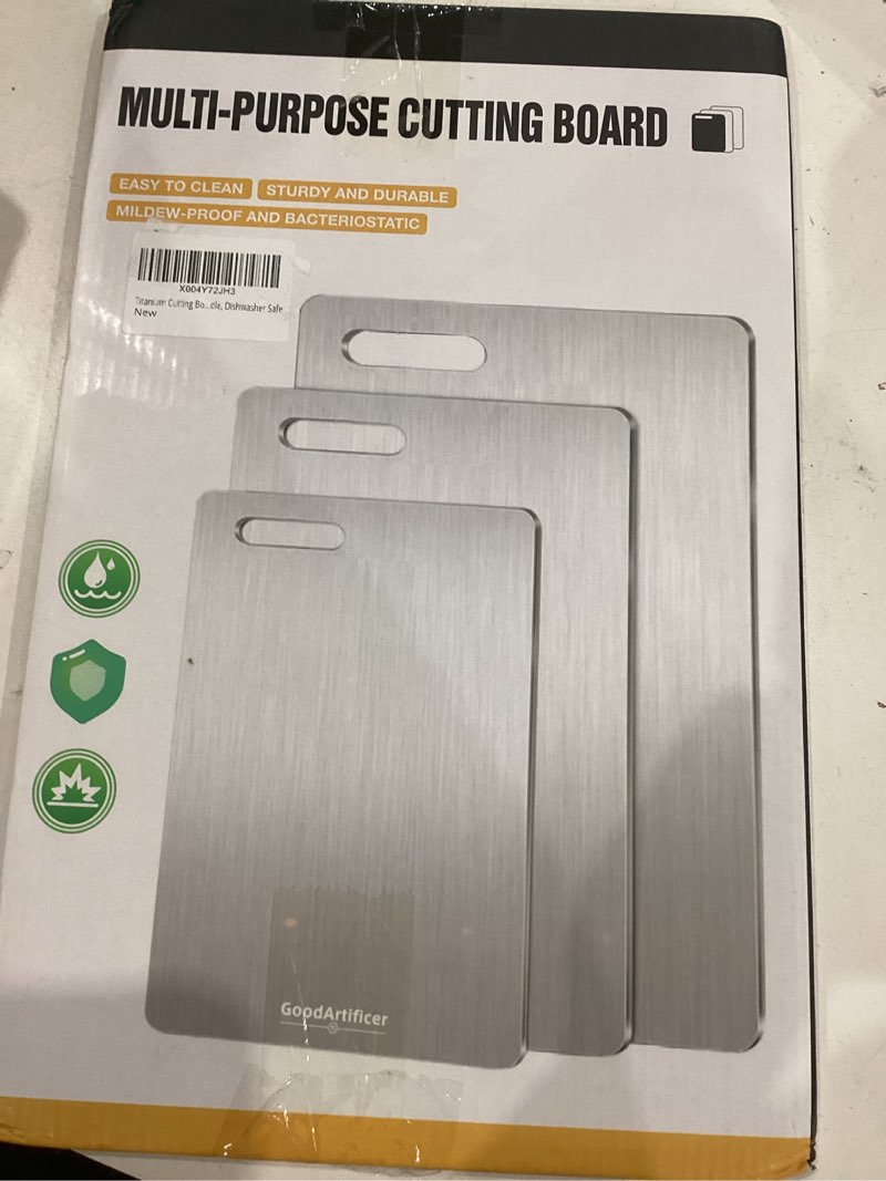 Condition photo showing New/Like New for titanium cutting boards set of 3, 100% pure titanium kitchen cutting board, double-sided non-toxic cutting board, ideal for slicing and dicing meats, features handle, dishwasher safe silver 16"l*10"w(s+m+l)