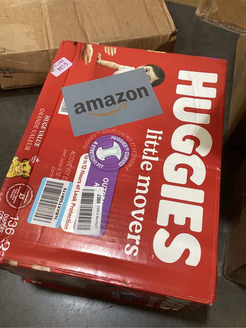 Condition photo showing New/Like New for huggies size 3 diapers, little movers baby diapers, size 3 (16-28 lbs), 136 count, packaging may vary size 3 136