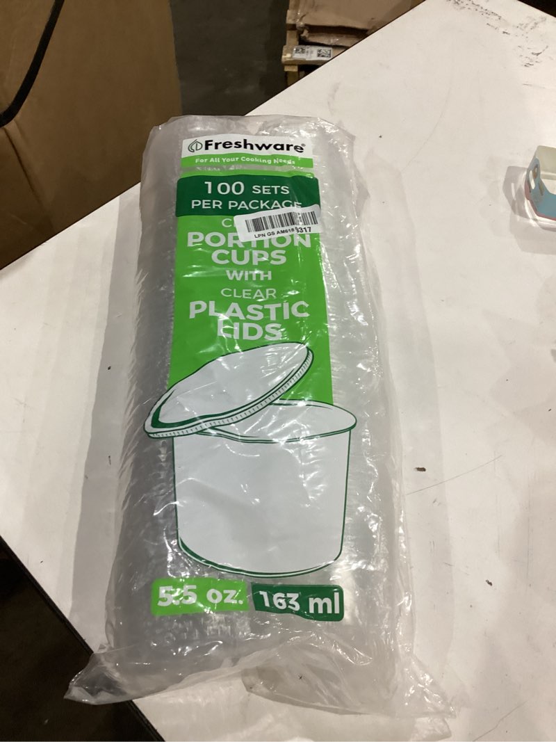 Condition photo showing New/Like New for freshware plastic portion cups with lids [5.5 ounce, 100 sets] souffle cups, jello shot cups, condiment sauce containers for sampling, sauce, snack or dressing 5.5 oz - 100 sets