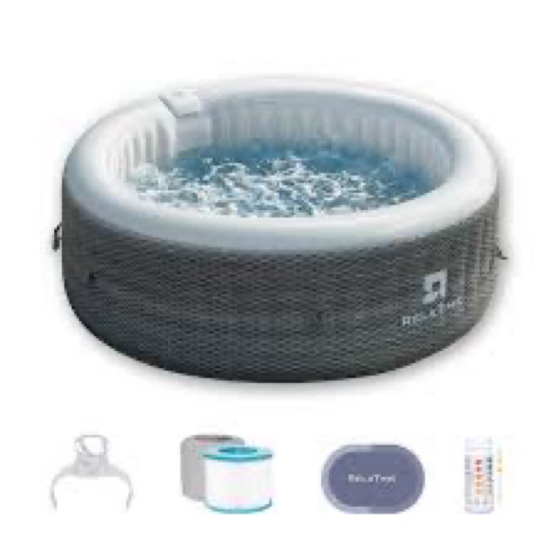 relxtime 82 inch circular inflatable soothing massage hot tub, energy-saving insulation cover, 4-6 people outdoor hot tub with 130 massage jets, floor mat, 2 filter elements, cup holder