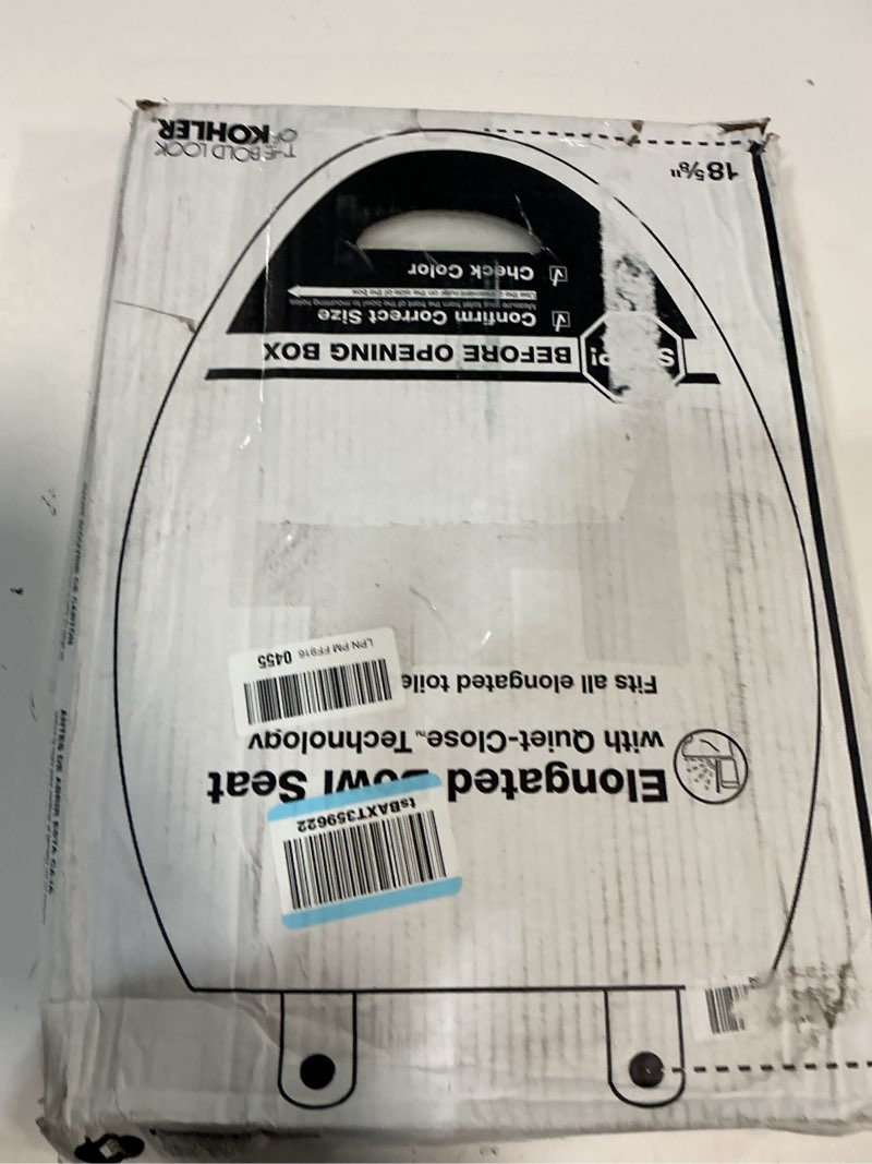Condition photo showing New/Like New for kohler stonewood quiet-close elongated toilet seat, slow close design, durable wood, easy installation, universal fit, white finish, k-20466-0