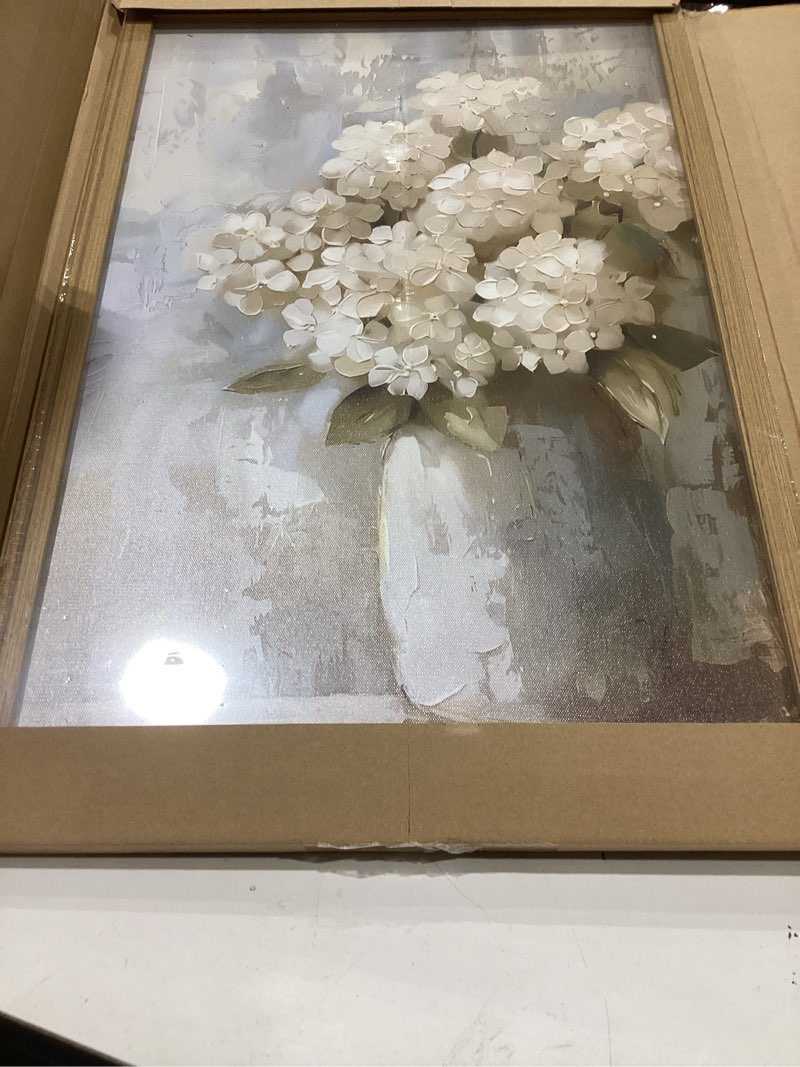 Condition photo showing Good Condition for framed vintage canvas wall art, white hydrangea floral wall decor paintings, flower pictures prints aesthetic home decor for living room bedroom bathroom office 16x24 inch hydrangeas framed 24"l x 16"w