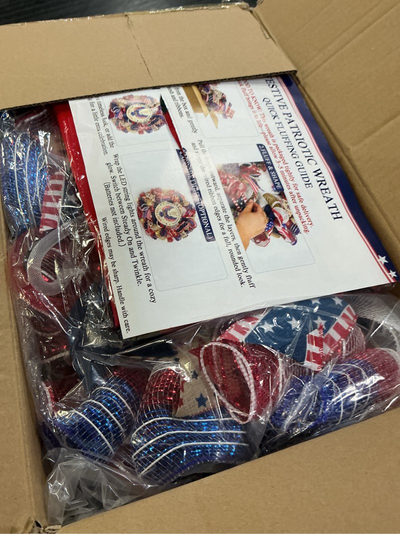 Condition photo showing Good Condition for 250th anniversary patriotic wreath for front door, 24 inch large 4th of july wreath with removable 1776-2026 eagle door sign, handcrafted memorial day decorations with light & storage bag